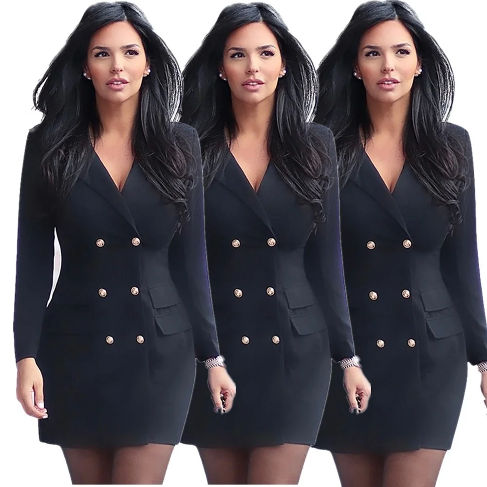 

J6112 women's autumn and winter new black V-neck double breasted suit coat dress
