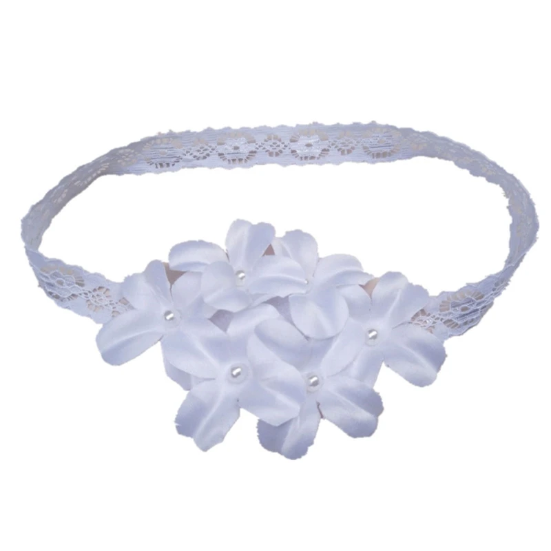 

White Lace Flower Headbands Elastic Pearl Hair Band Baby Shower Gift for Infants
