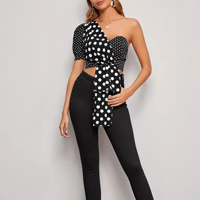 

Color Patchwork Polka Dot Summer Top Women's Shirt Irregular One Shoulder Sexy Woman's Blouse Decorative Tie Tops Female