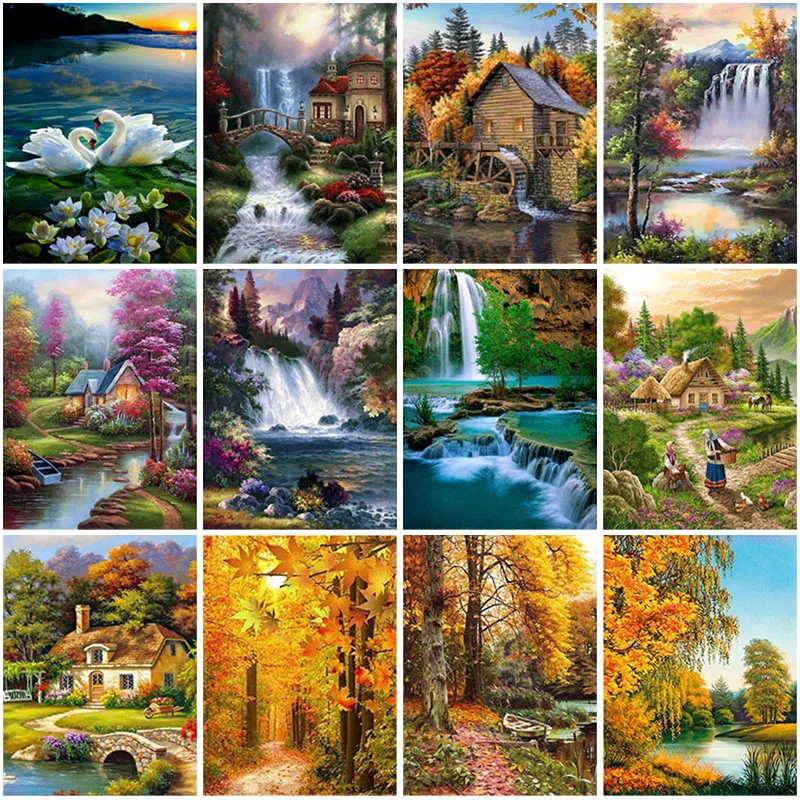 

Landscape Tree 5D Diamond Painting Rhinestones Mosaic Full Round Drill Waterfall Scenery Diamond Embroidery Home Decoration