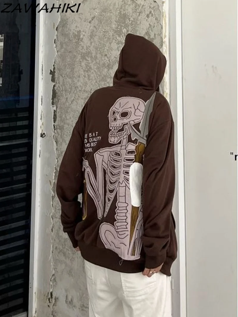 

Retro Letter Gothic Skeleton Embroidery Streetwear Coat Hiphop Loose Oversize Long Sleeve Zipper Hoodies Antumn Pullover Clothes