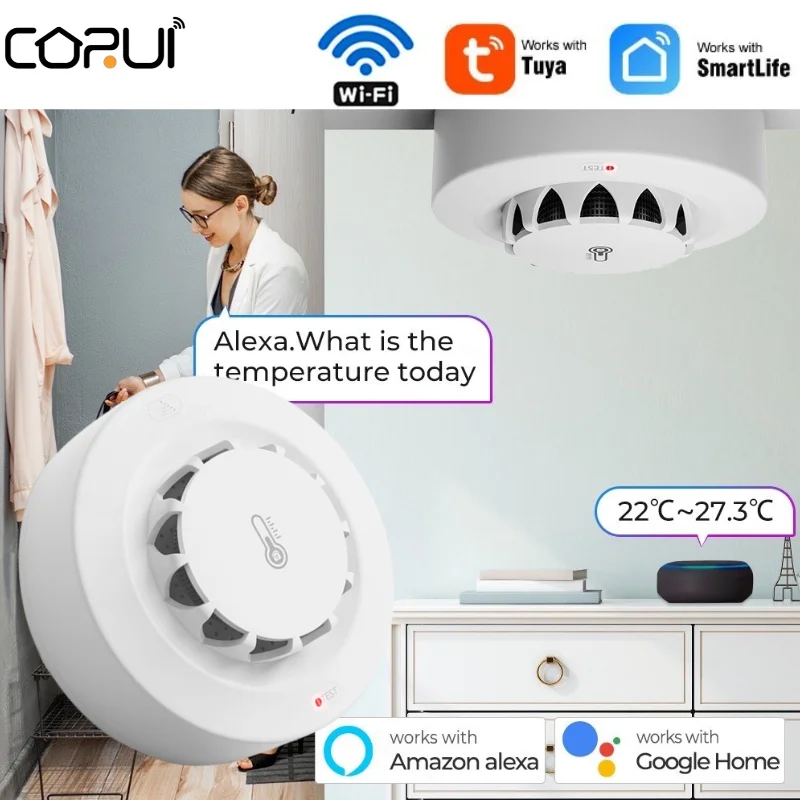 

CORUI Tuya WiFi Smart Smoke Alarm Fire Temperature And Humidity Detection Thermohygrometer Smart Life APP Alexa Google Assistant