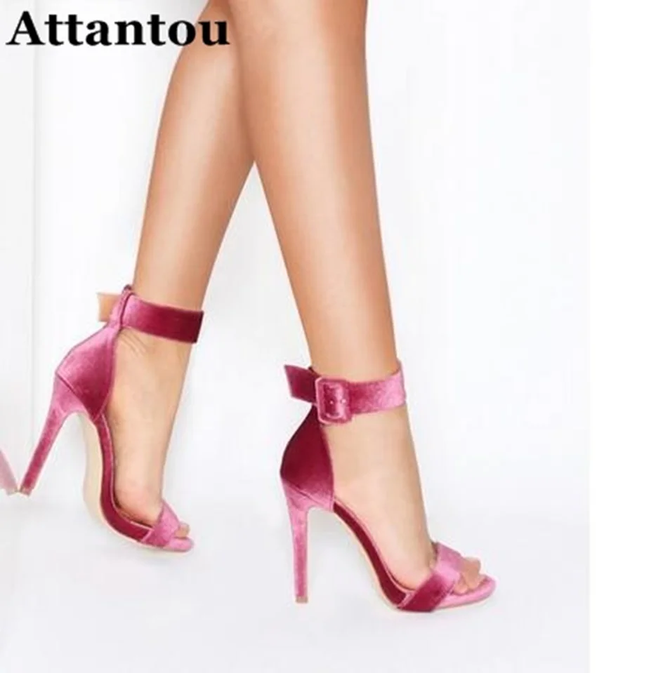 

Sexy Velvet Women High Heels Wide Buckle Ankle Strap and Stiletto Heel Wedding Party Shoes Summer Velvet Designer Sandals Woman