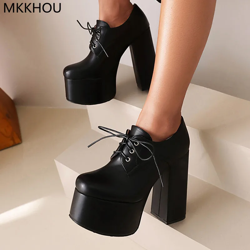MKKHOU Fashion Pumps New Black High Heels Round Toe Lace Up Platform Shoes Thick Heel 14cm High Heels Unisex Shoes Plus Size
