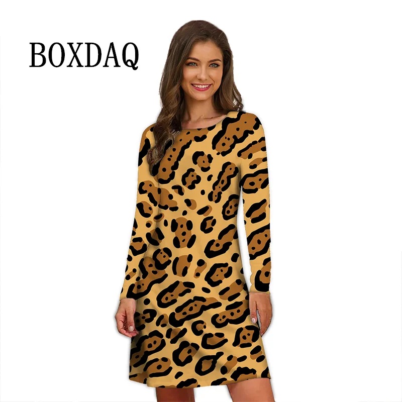 

Fashion Leopard 3D Print Dresses Women Casual Oversized Autumn Clothing Streetwear Loose Long Sleeve A-Line Mini Dress Ladies