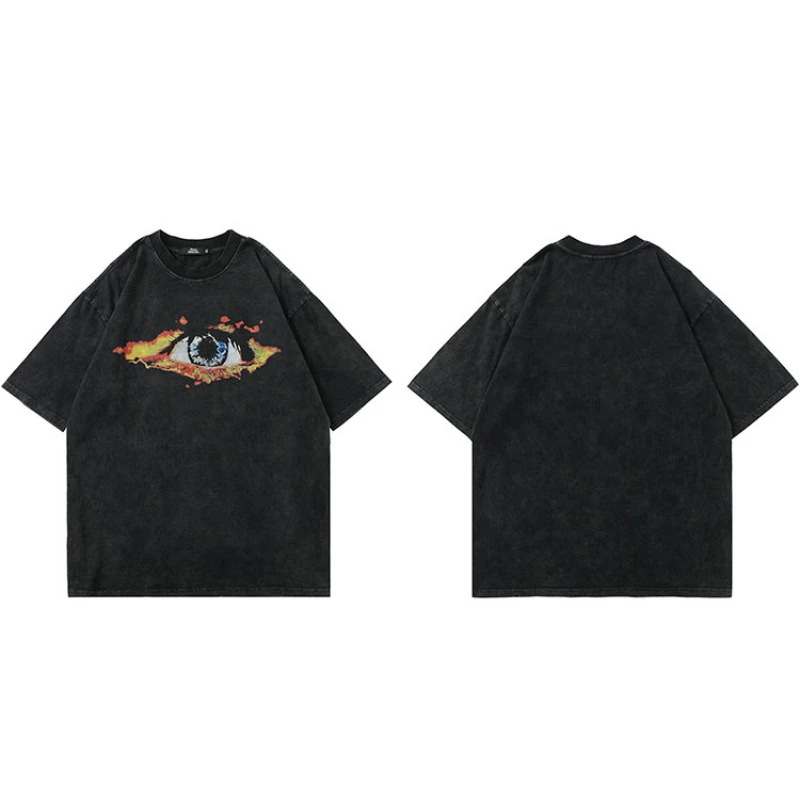 

Hip Hop Streetwear Washed Tshirt 2021 Men Eye Print T Shirt Harajuku Cotton Casual T-Shirt Summer Short Sleeve Tops Tees Black