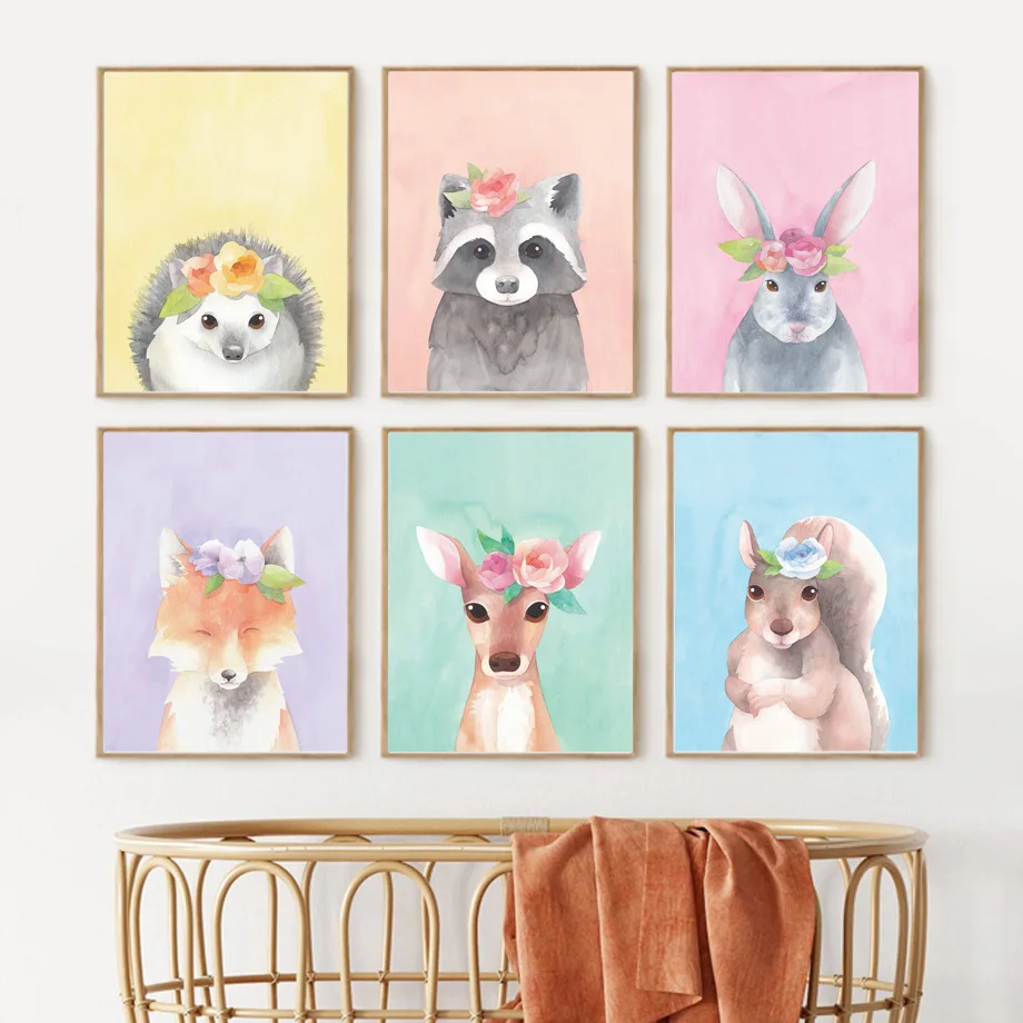 

Cartoon Animal Fox Raccoon Rabbit Hedgehog Squirrel Wall Art Canvas Painting Nordic Posters And Prints Wall Pictures Kids Room
