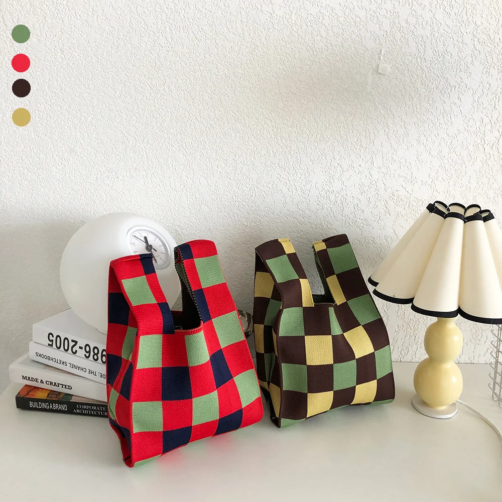 

Korea Knitted Checkerboard Handbag Original Japanese Contrast Color 2022 Diagonal Bag Shoulder Underarm Bag