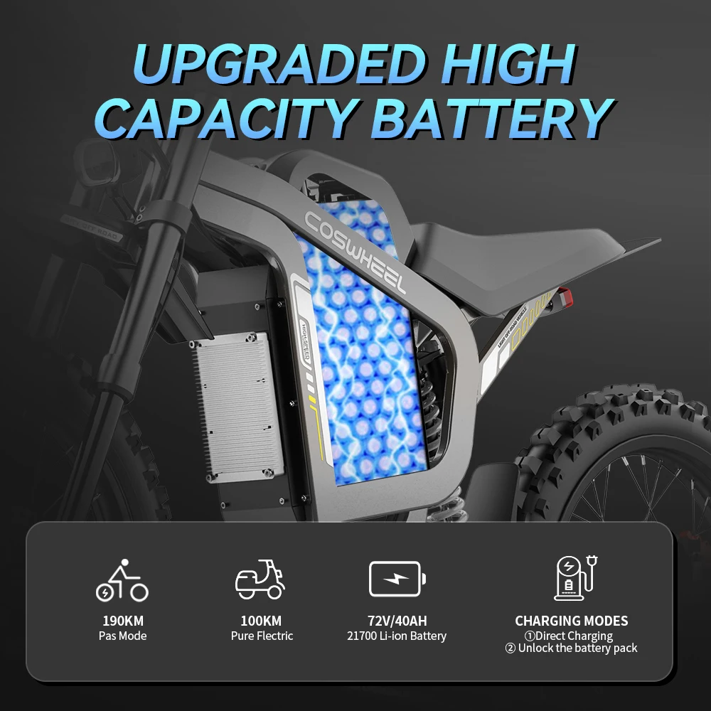 Фото Электрический кроссовый мотоцикл Readygo COSWHEEL R19, 6000 Вт, высокая мощность, аккумулятор 72В40Ач, для взрослых, скорость 85 км/ч, горный электровелосипед для бездорожья, литиевый №3