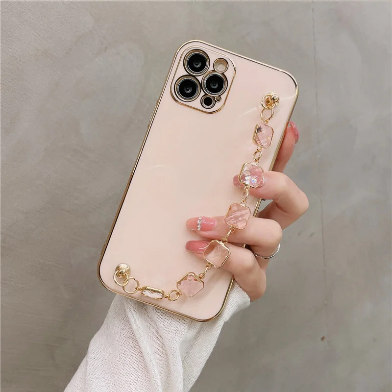For iphone 14 13 12 11 Pro 6 6S 7 8 Plus 3D Wrist Chain Plating phone case For iphone 12 Pro XR xs Max Bracelet Soft Back cover