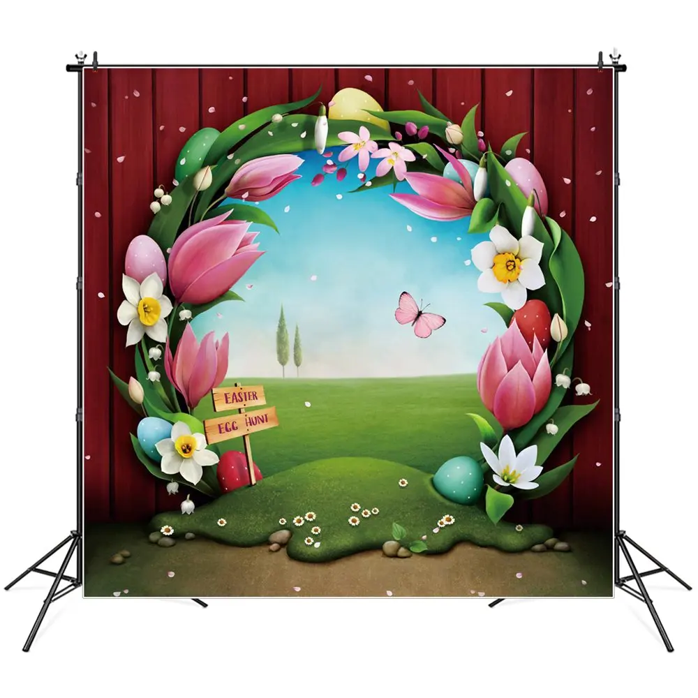 

Spring Easter Photography Backdrops Wooden Planks Flowers Eggs Arch Door Custom Baby Party Decoration Photocall Backgrounds