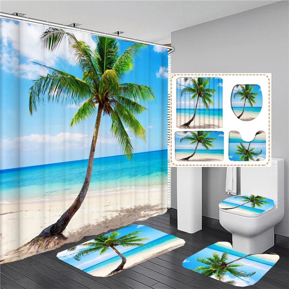 

Seaside Scenery Beach Coconut Tree Print Shower Curtain Bathroom Curtains Toilet Lid Cover Non-Slip Rugs Bath Mat Set Home Decor