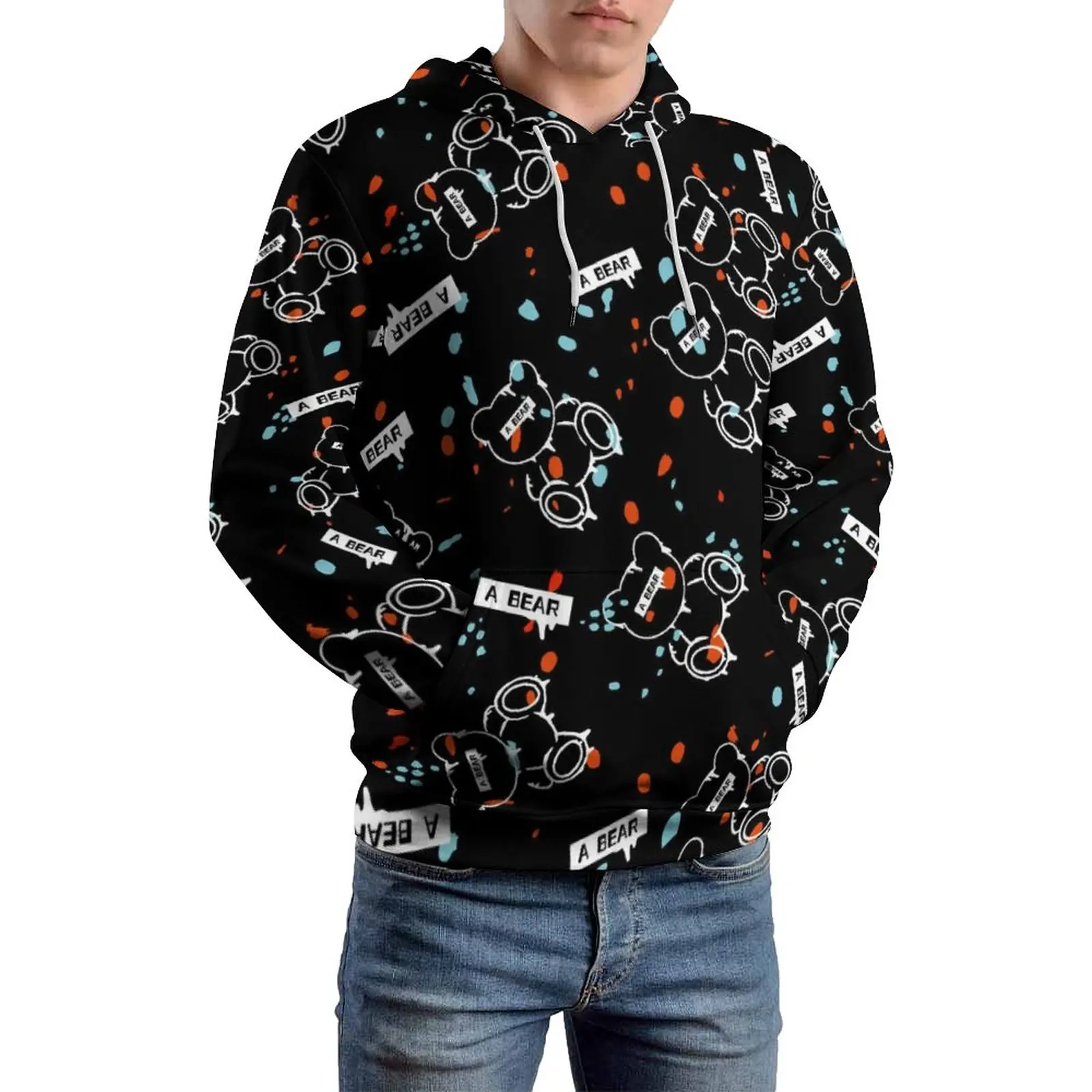 

Cute Bear Casual Hoodies Long Sleeve Blue Red Dots Print Cute Pullover Hoodie Spring Male Loose Oversize Design Tops