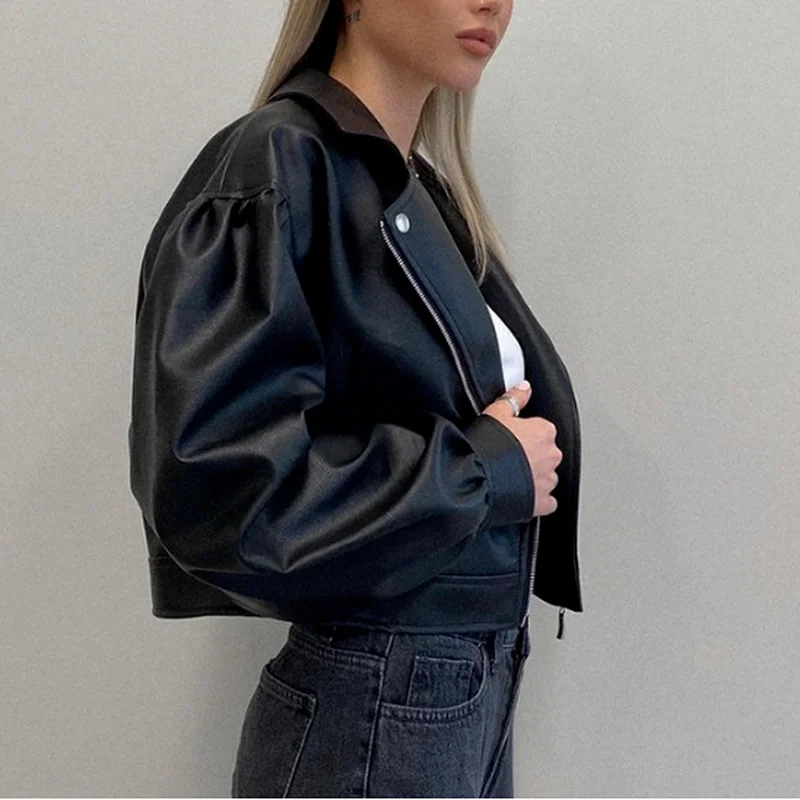 Autumn Faux PU Leather Black Puff Sleeve Blazer Jacket Casual Zipper Top Short Jacket Women's Lapel Black Motorcycle Jacket