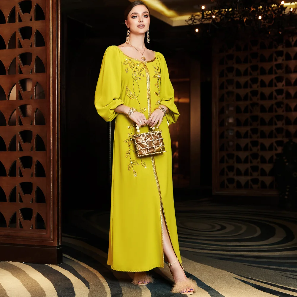 Women's Spring and Summer Muslim New Handmade Diamond Rice Beads Gold Ribbon Luxurious Slim Women's Slim Dress