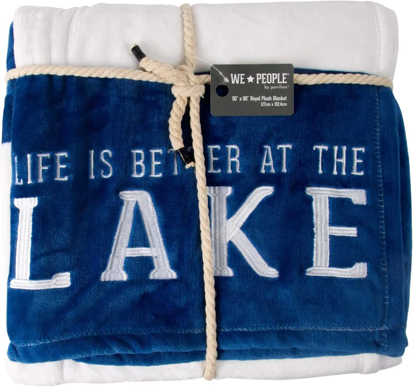 

is Better at The Lake-Blue & White Super Soft 50 x 60 Inch Striped Throw Embroidered Text 50" x 60" Plush Blanket, Hand warmer