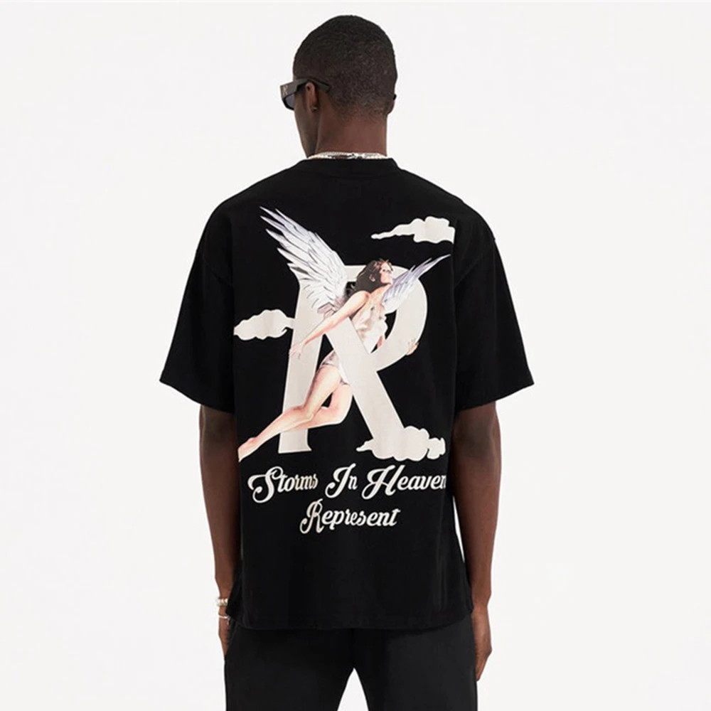 

T-shirt for Men Four Seasons Sign Angel Pattern Printing Kanye West Vintage Oversized Loose Round Neck Casual Women Tops Tees