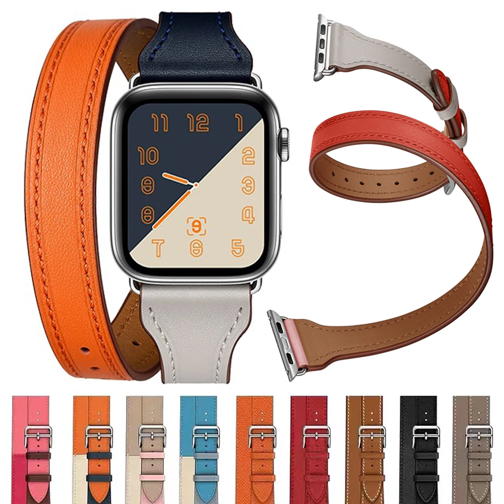 Genuine Leather Strap For Apple Watch Band 38 40 42mm Women Loop For iWatch SE 7 6 5 4 44 41 45mm Thin Slim Double Tour Bracelet