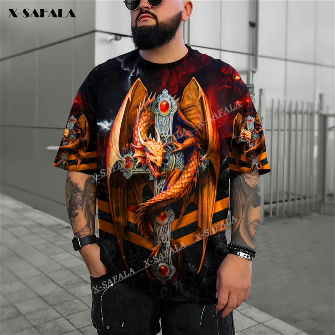 

X-SAFALA Fire Winged Dragon On Cross Skull 3D Printed T-Shirts Tops Tees Short Sleeve Casual Milk Fibe Better Cotton O Collared