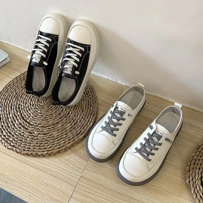 

Fashion Women's Flat Shoes Spring Oxfords Casual Classic Solid Color PU Leather Shoes Women White Shoes Lacing Sneakers