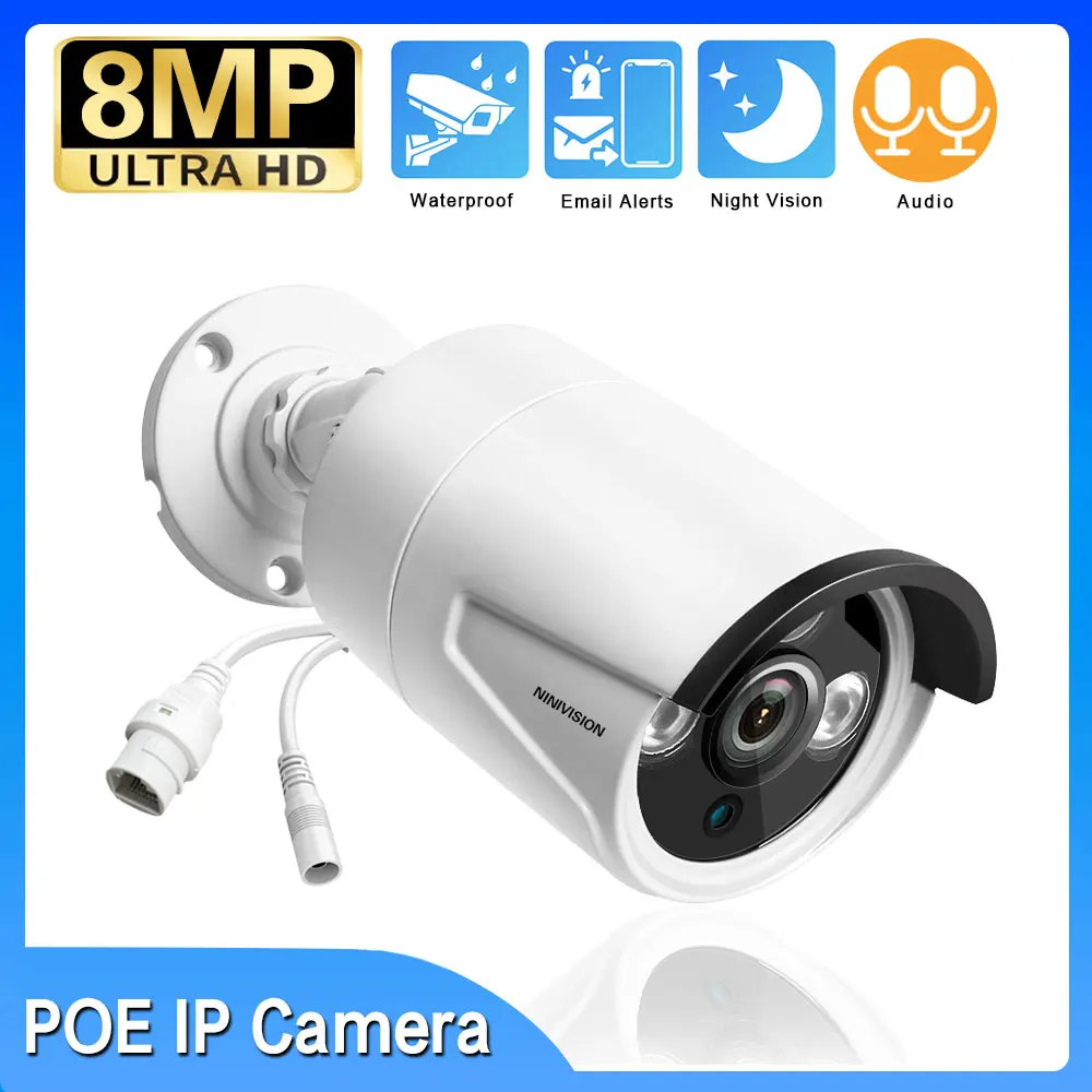 

4K 8MP POE CCTV Security Surveillance Camera Outdoor Street Waterproof IP Bullet Camera HD 5MP POE Monitoring Cam Audio Record