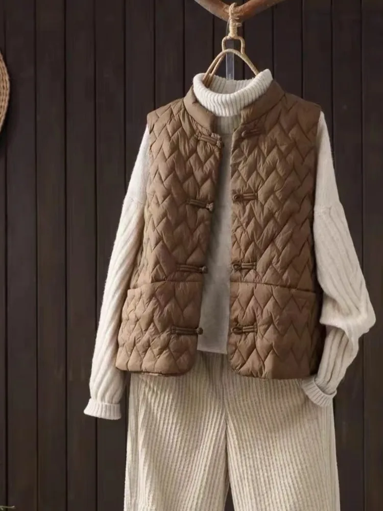First-Line Brand Cut the Tag off Ethnic Sle Buckle Rhombus Quilted Vest Women Winter Outer Wear Waistcoat Warm Outerwear