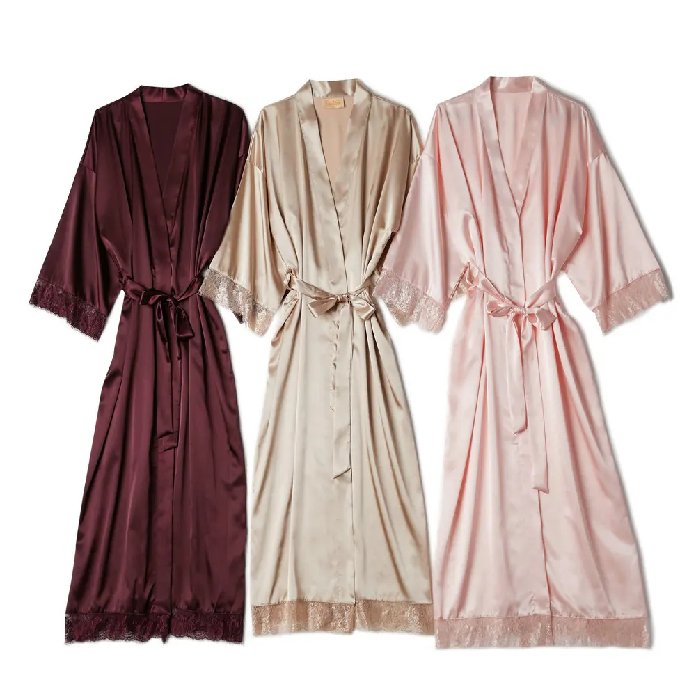 Satin Silk Lace Robe Bride Bridesmaid Robes Wedding Bridal Long Robe Bathrobe Women Dressing Sleepwear Blush