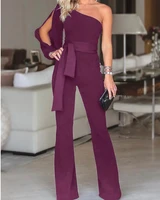 elegant purple jumpsuits evening formal dress one shoulder long sleeve chiffon prom party gowns birthday wear robe de soiree