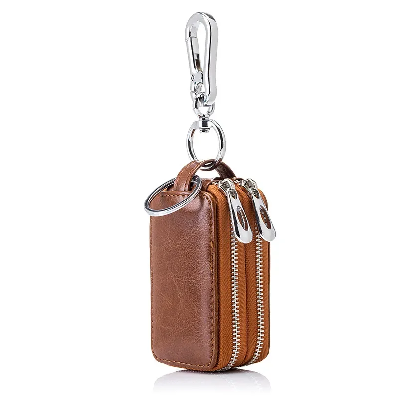 

Genuine Cow Leather Home Car Keys' Bag Double Pocket Zipper Mini Wallet Earth Yellow Men Women's Key Holder Transparent Pocket
