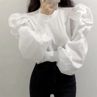 designer women clothing black white solid puff long sleeve blouse women tops office lady spring autumn elegant shirt blouses