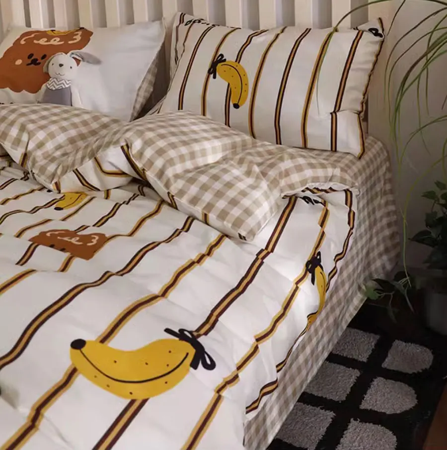 Модный комплект постельного белья в клетку с милым мультяшным медведем и
