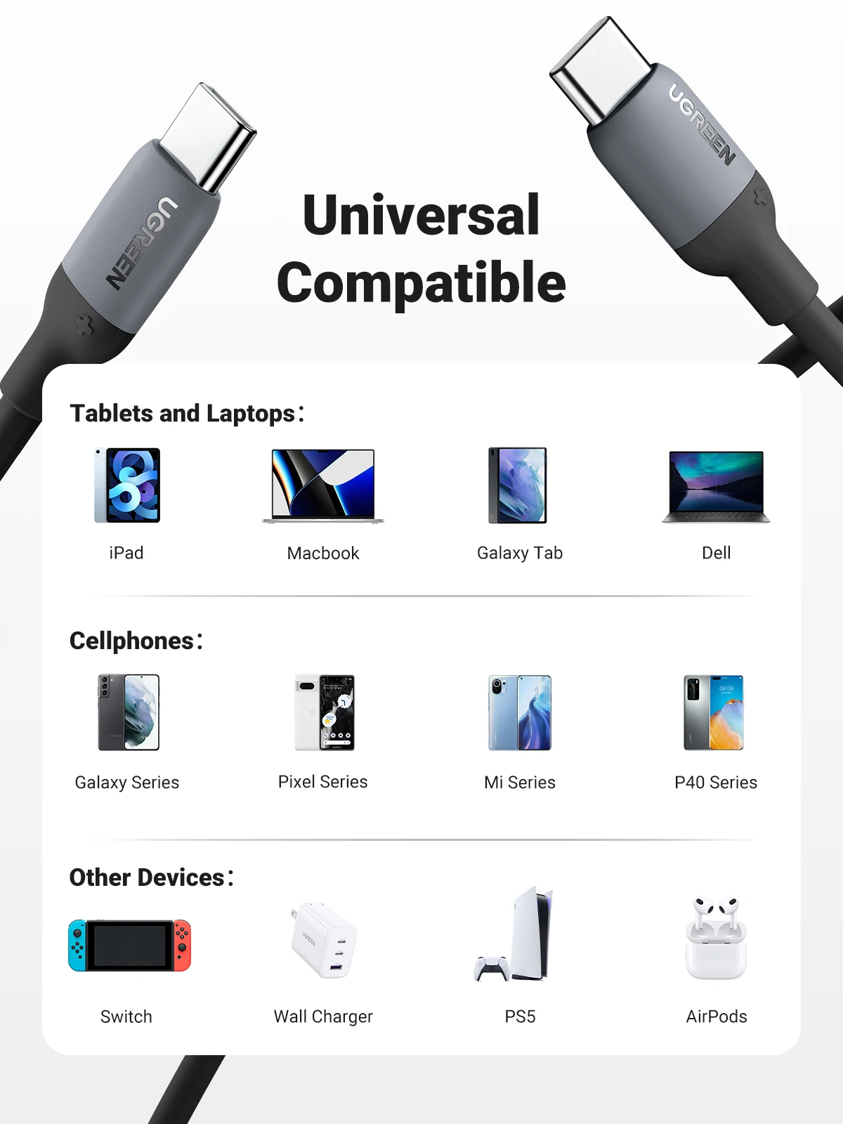 Кабель зарядный UGREEN 60/100 Вт USB C на Type