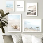 Настенная картина с изображением голубого моря, пляжа, неба, птицы, ракушки, тростника, моста, Настенная картина, скандинавские плакаты и принты, настенные картины для декора гостиной
