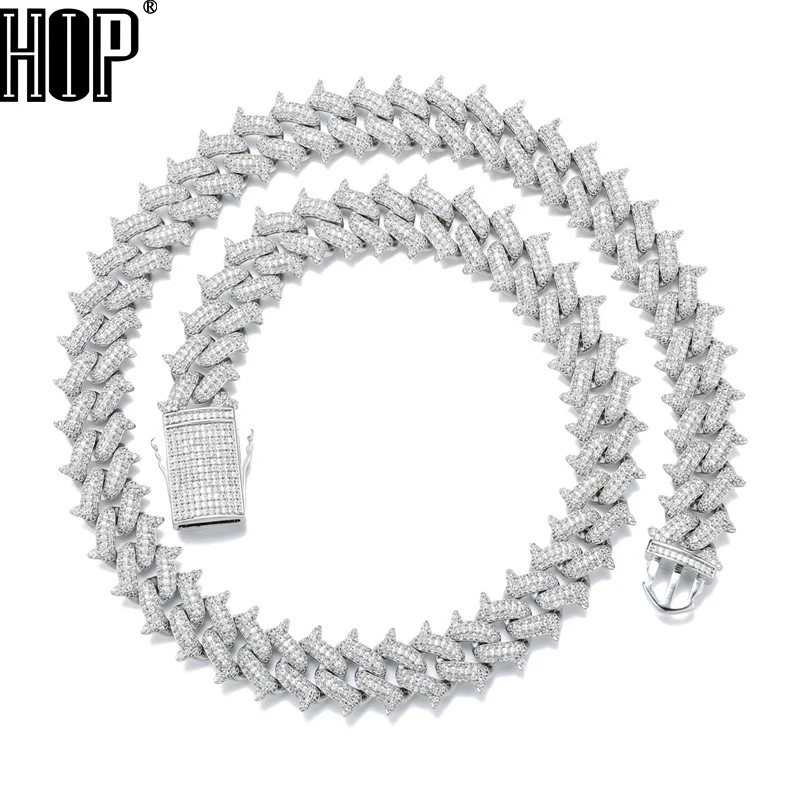 

Hip Hop 16MM Miami Cuban Link Chain Iced Out Bling 3 Row Cubic Zricon Stones Thorns Bracelet Necklace For Men Women Jewelry Gift