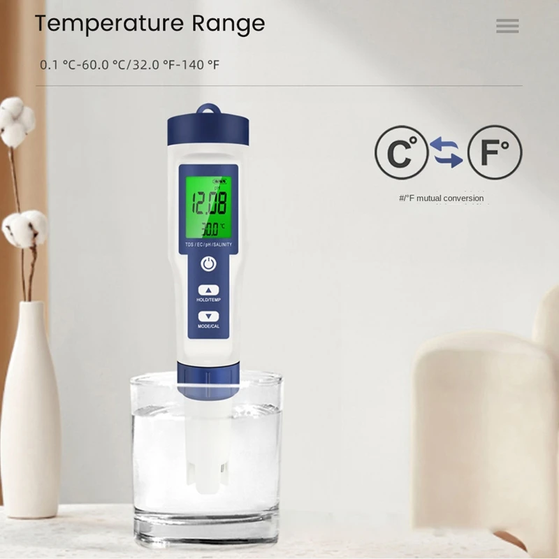 Цифровой измеритель температуры 5 в 1 TDS/EC/PH/SALT/монитор качества солености воды