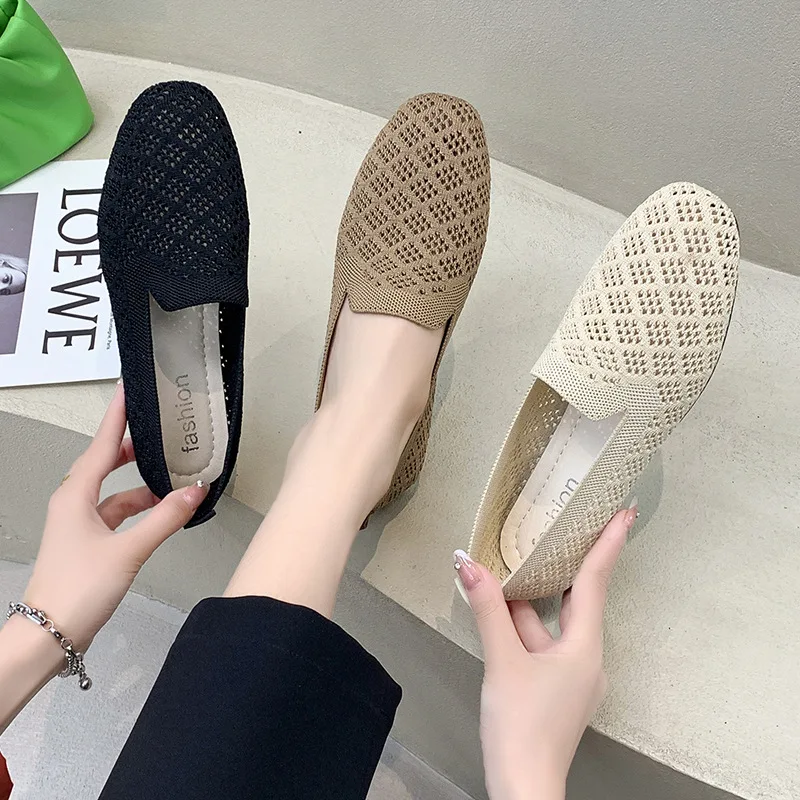 

Summer new flat knitted hollowed out breathable bean shoes