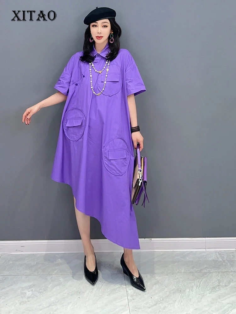 

XITAO ассиметричный пуловер с отложным воротником, платье с карманом, сплошной цвет, Новое поступление 2023, летняя повседневная Универсальная Мода, WLD16522