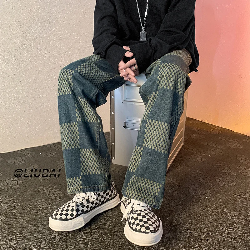 Blue Black Baggy Jeans Men Fashion Retro Plaid Jeans Men Japanese Streetwear Hip Hop Loose Straight Denim Pants Mens Trousers