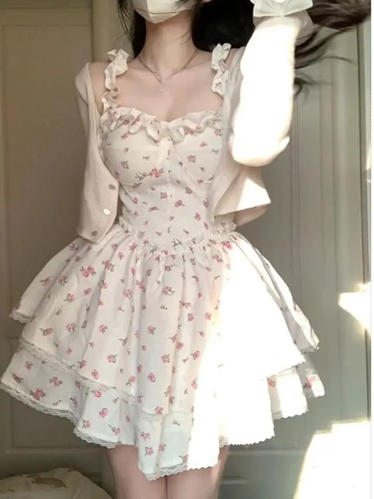 

Кружевное милое платье Kawaii, женское винтажное элегантное милое мини-платье без рукавов, женское корейское модное платье на бретелях с принт...