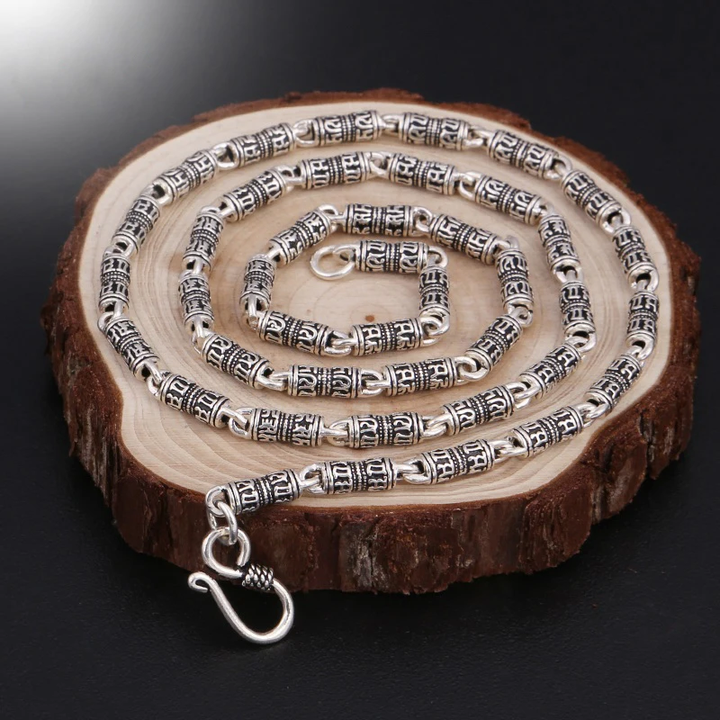 

Ожерелье в китайском стиле ретро креативное властное серебряное мужское ожерелье с узором мира Толстая мантра с шестью символами ювелирны...
