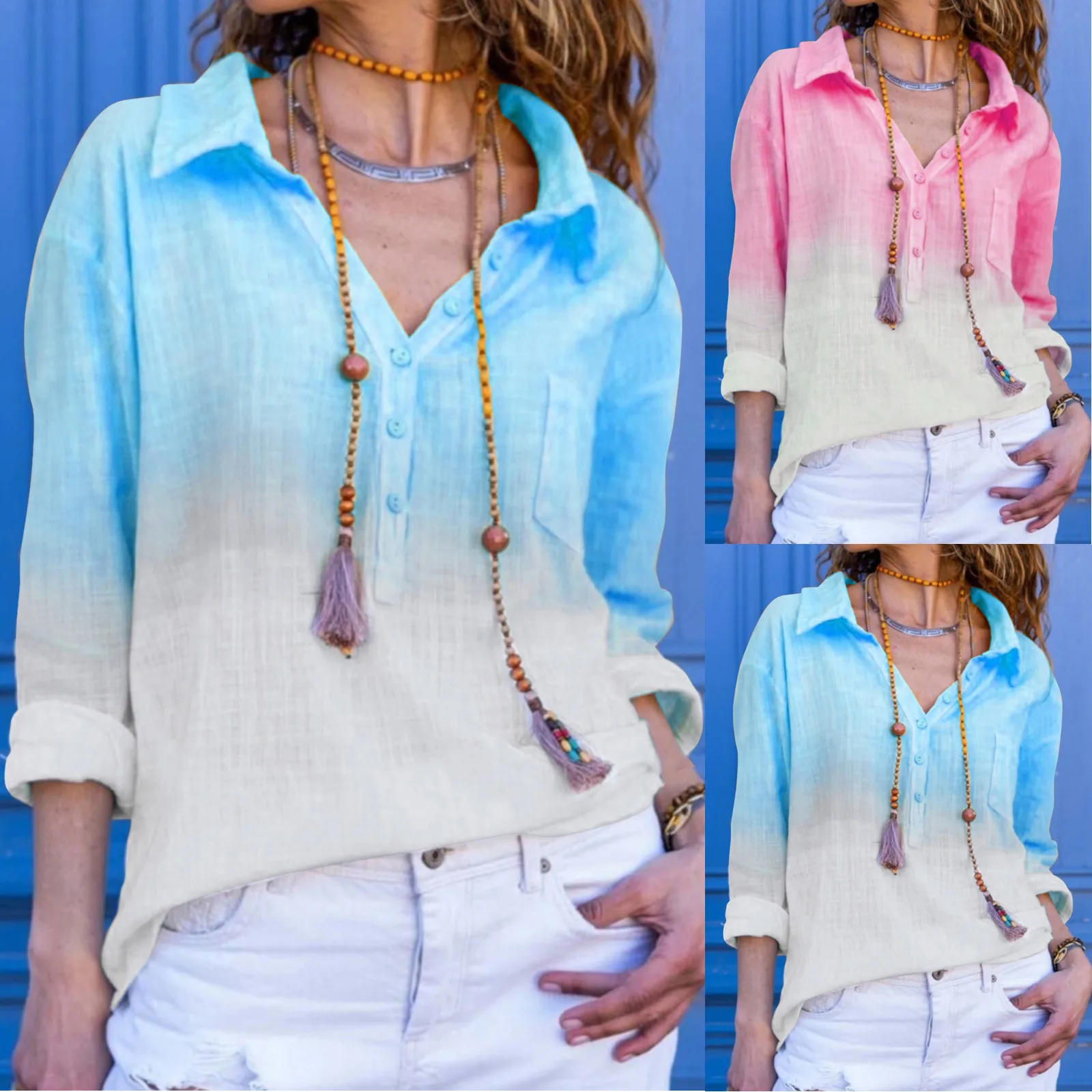 

Women Long Sleeve Button Summer Tops V Neck Tie Dye Gradient Printed Loose Fit Work Athletic Shirts Print Black Sequin Too