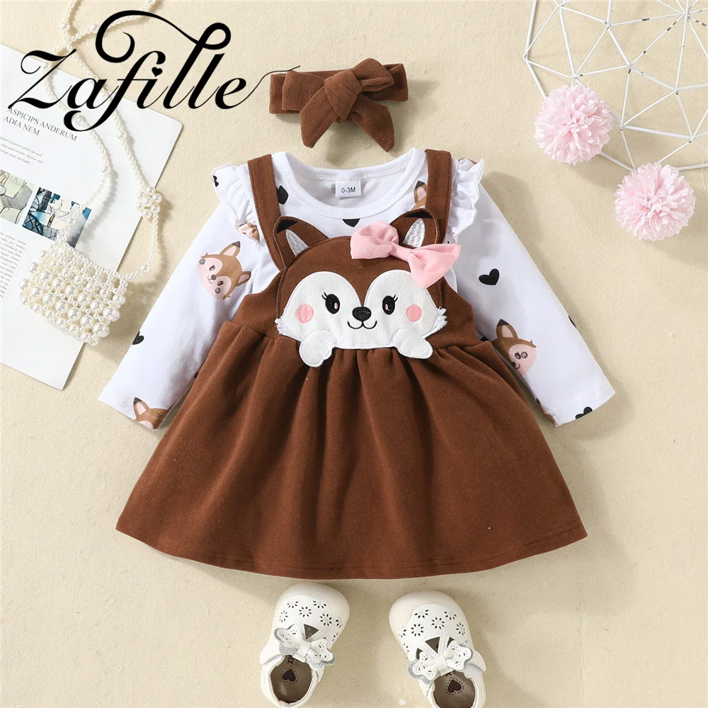 

ZAFILLE 3Pcs Newborn Girls Clothing Flying Sleeve Bodysuit+Strap Fox Dress Girls Baby Clothes Set Cosplay Kdis Toddler Costume