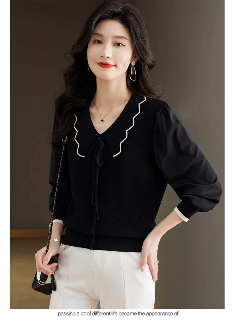 Женская шифоновая рубашка с длинным рукавом осенне-зимний Однотонный пуловер