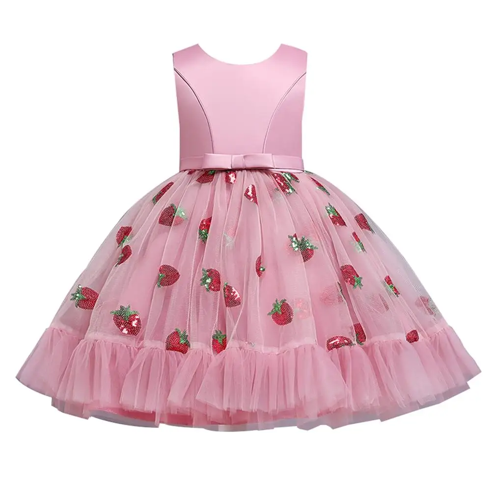 

Strawberry Summer girl stereo formal dress High quality Elegant flower bow princess dress Children's piano performance dress