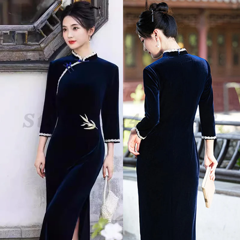 w chińskim stylu sukienki damskie seksowne szczupłe Cheongsams eleganckie tradycyjne jesienno-zimowa aksamitna Vestidos Oversize 3XL Qipao