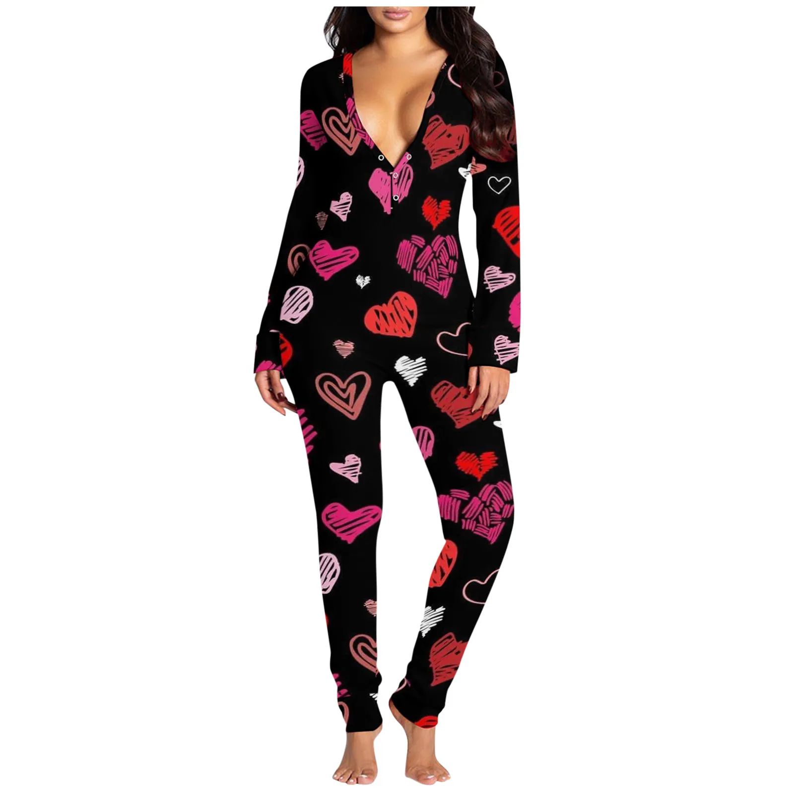 Sexy Pajama for Women New Year Jumpsuit Button-down Front Back Butt Bum Open Ass Flap Valentine's Day Print Loungewear |