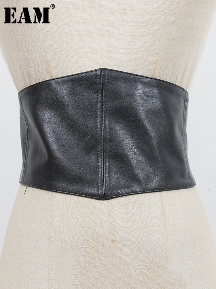 

[EAM] Pu Leather Black Elastic Irregular Wide Belt Personality Women New Fashion Tide All-match Spring Autumn 2023 1DE7231