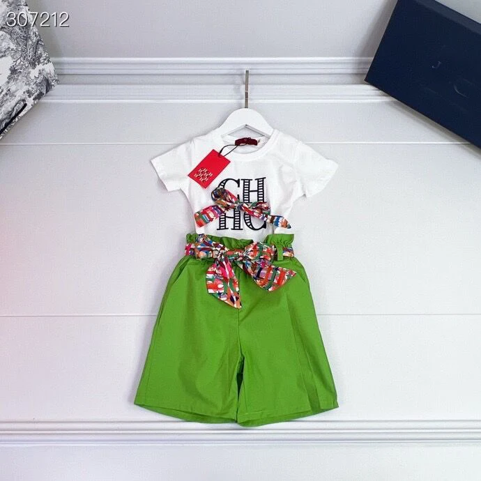 

2023 Kids Girls Summer Print Floral Sets Fashion Bow Two pcs Outfits Children Clothes