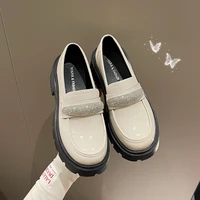 white black rhinestone thick soled loafer shoes women thick heel slip on fashion shoes british style pumps leather casual shoes