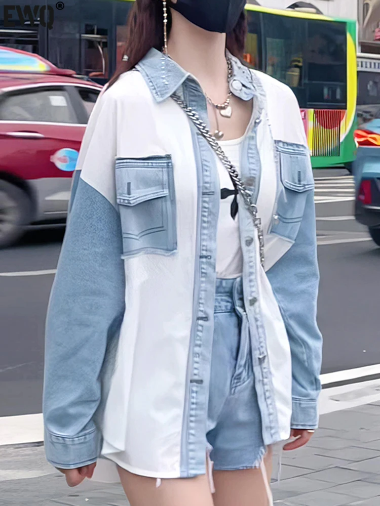 

[EWQ] Pocket Blue Patchwork Denim Shir For Women Long Sleeve Loose Fashion Contrast Blusas Top 2023 Autumn Winter New 16U4710